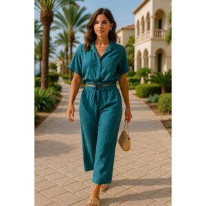 Athleta Linen Playa Lounge Set Wide Leg Crop Pant Tie Top Teal Summer Pool Beach
